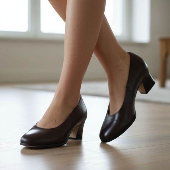 VTG Calico Heels Leather Brown Pumps Academia Preppy Quiet Luxury Classic Mod 9W - Picture 10 of 11